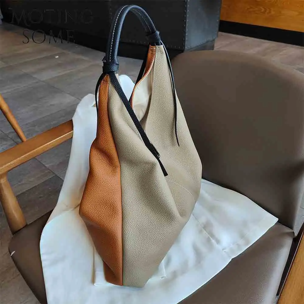 Motingsome Soft Cow Leather Handbag for Women Minimalism Patchwork Color Shoulder Fashionable Casual Tote Oversize Bags 2024 New