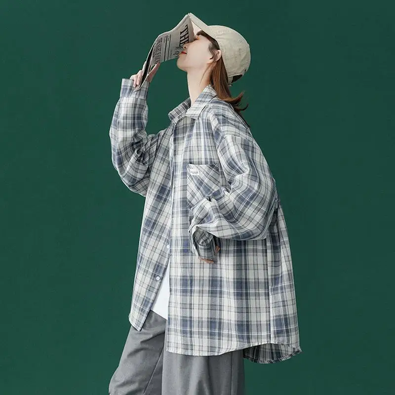 Vintage Plaid Loose Blouse Spring Autumn New Long Sleeve All-match Casual Polo Neck Shirt Tops Fashion Trend Women Clothing