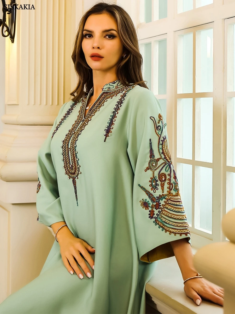 Siskakia Dresses With Long Sleeves Embroideried Beading Muslim Dubai Woman’s Abayas Casual Fashion Loose Luxurious Evening Dress