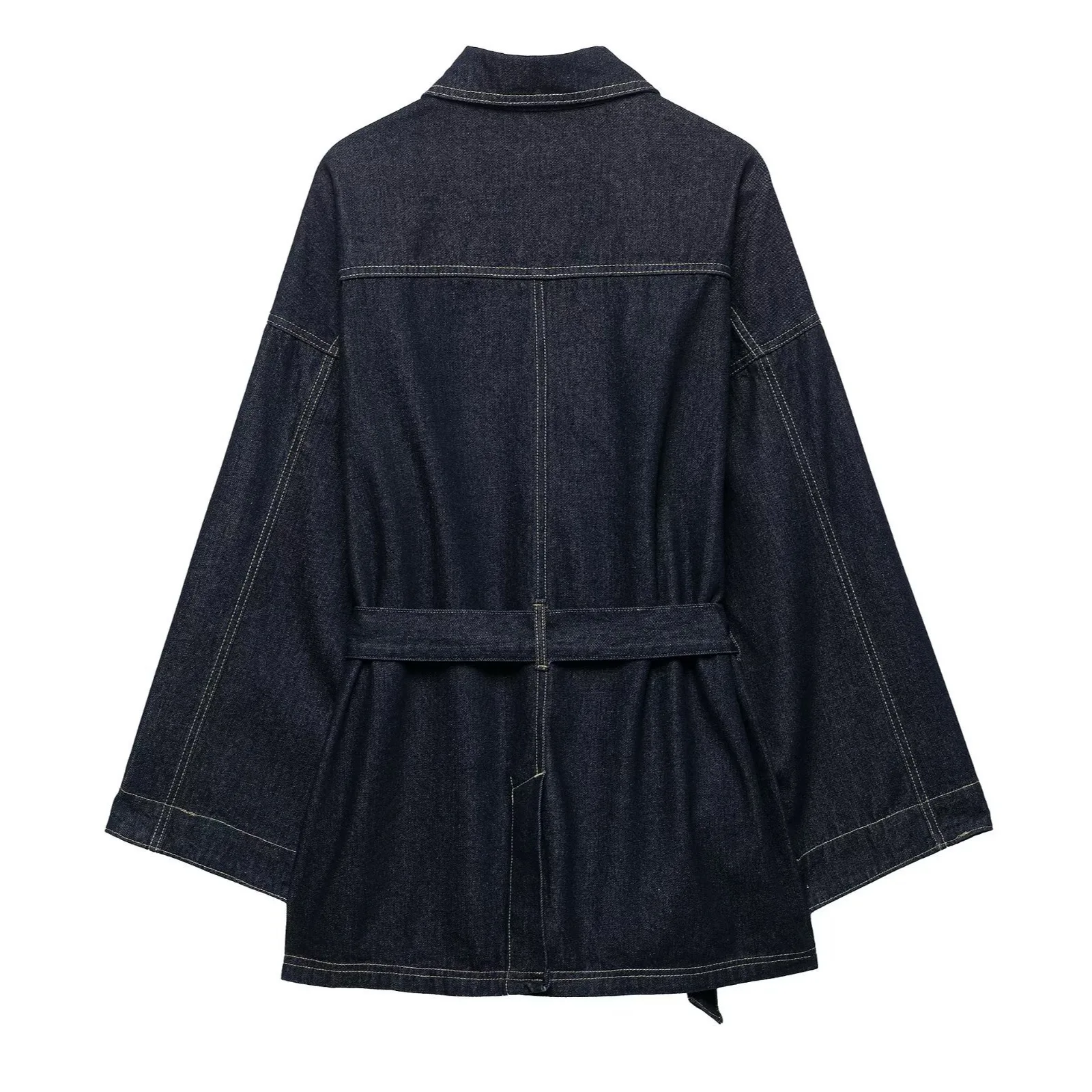 Giacca di jeans da donna Cinghie di colore solido Vita stretta Colletto couverture Giacca versatile casual primaverile autunnale alla moda 2025 Nuovo