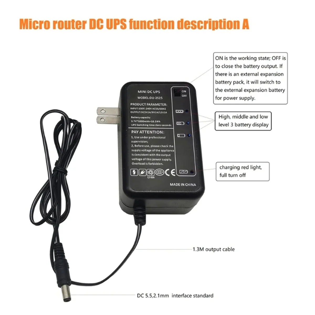 5V 9V 12V 18.5Wh 5000mAh UPS Backup Power Supply Adapter 5.5x2.1mm Output for Wireless Router Modem CCTV Camera EU Plug