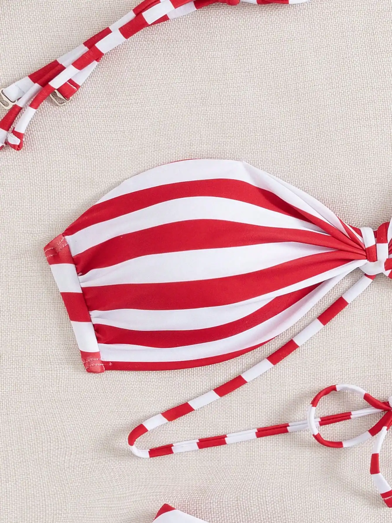 

Red And White Horizontal Stripe Tie Side Bikini Top With Adjustable Straps For Beach Vacation Or Festival Wear