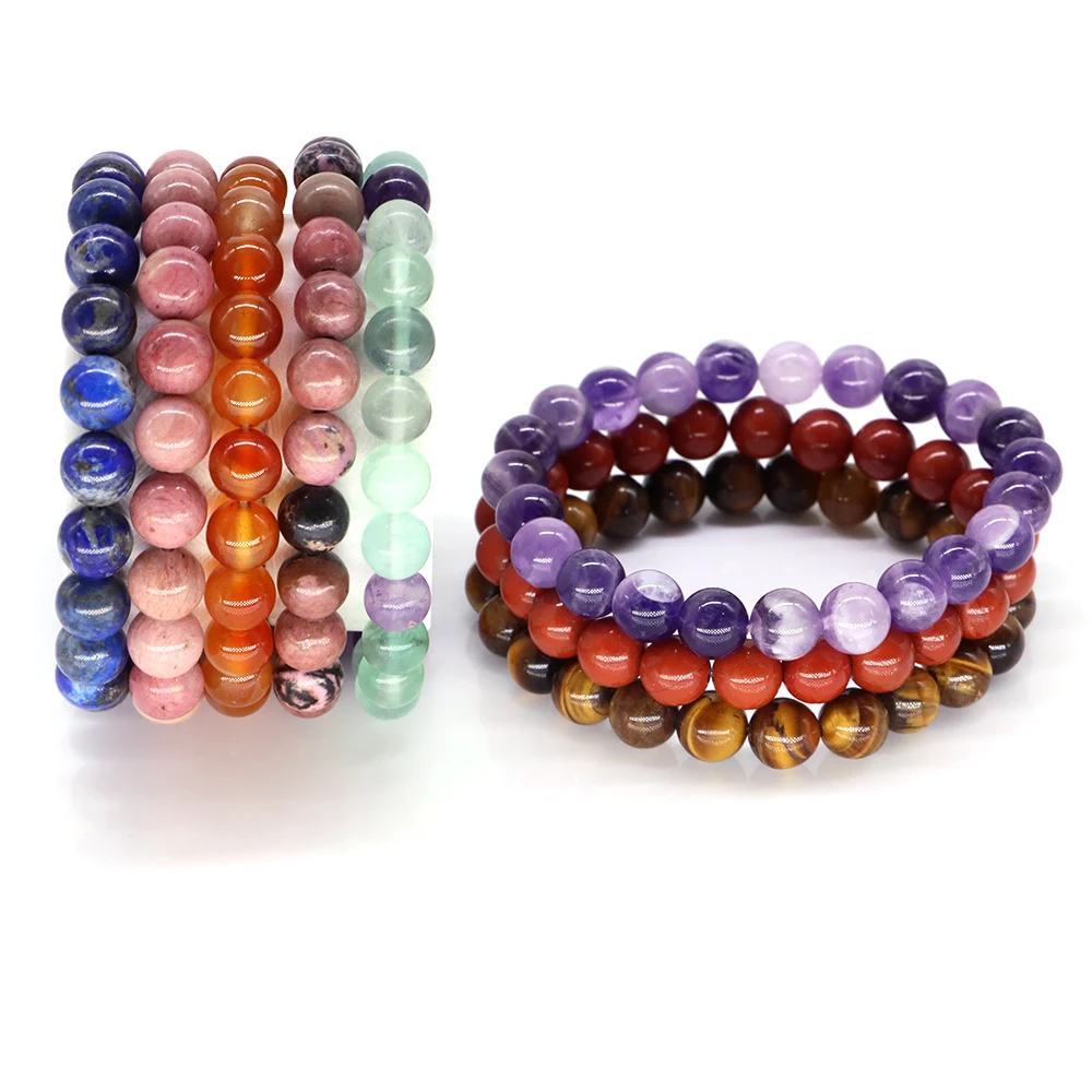 5pcs Natural Stone Beads Bracelet For Women Men Amethysts Crystal Quartzs Jades Jewelry Agate Elastic Bangle Bracelets Wholesale