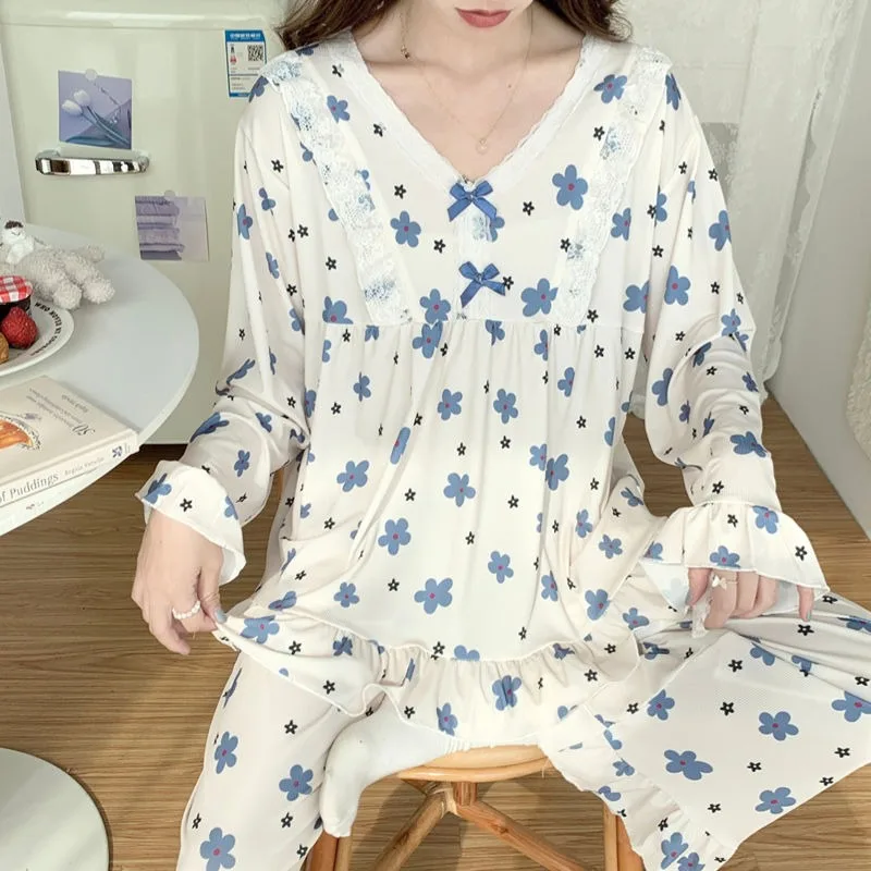 2024 New 150kg Plus Size Autumn Winter Sleepwear Ice Silk Long Sleeved Pajamas Women Loose Fitting Falbala Home Clothing Set