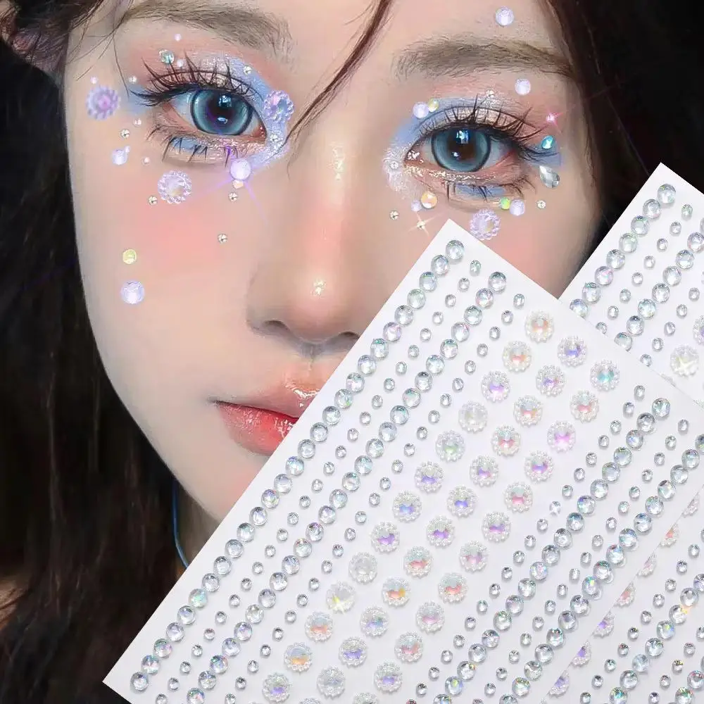 1pc 3D Iridescent Sunflower Face Rhinestone Stickers Sparkling Stereo Jewels Self-Adhesive Tattoo for DIY Party Eye & Body Decor