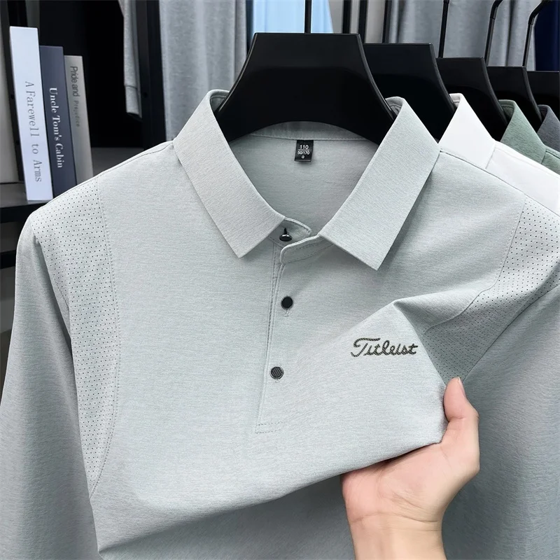 Spring Autumn Trendy Men's Printed Advanced Polo Shirt Solid Color Long Sleeved Lapel T-shirt Comfortable Casual Men's Clothing