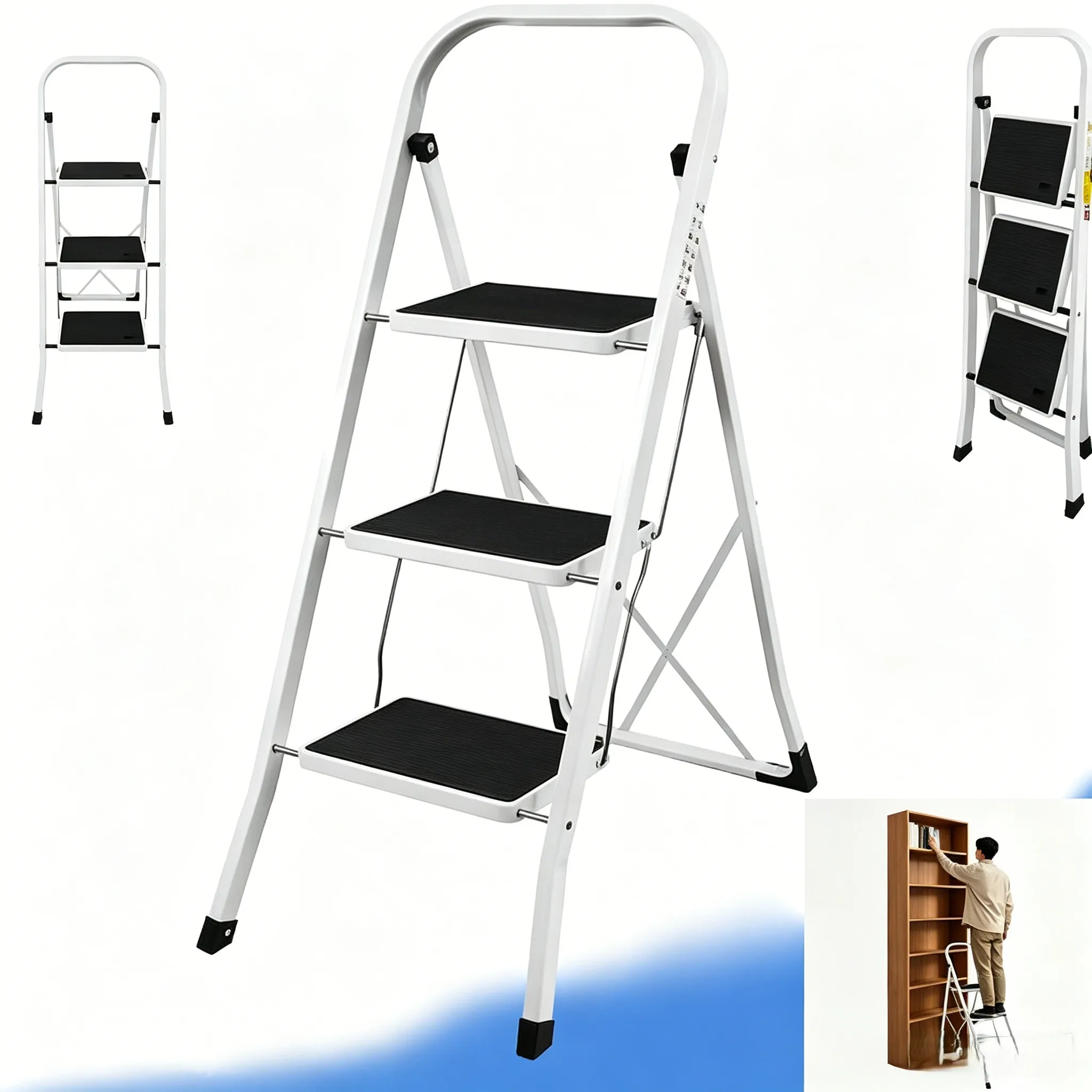 Échelle pliable à 3 marches avec main courante confortable, marchepied large antidérapant et tapis antidérapants, échelle portable légère et pliable, capacité max. 330 livres, idéale pour la maison, la cuisine, le garage et le bureau