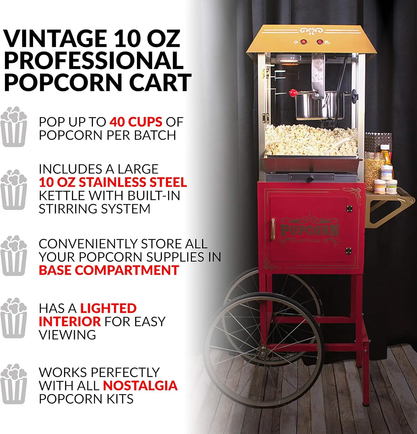 

Nostalgia Popcorn Maker Machine - Professional Cart With 10 Oz Kettle Makes Up to 40 Cups - Vintage Popcorn Machine Movie