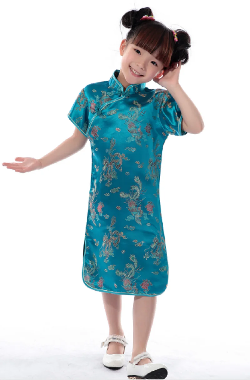 Gran oferta, nuevo traje Tang de satén de seda de alta calidad para niñas de estilo chino QiPao, disfraces Cheongsam estampados para niños, vestido de verano para niñas