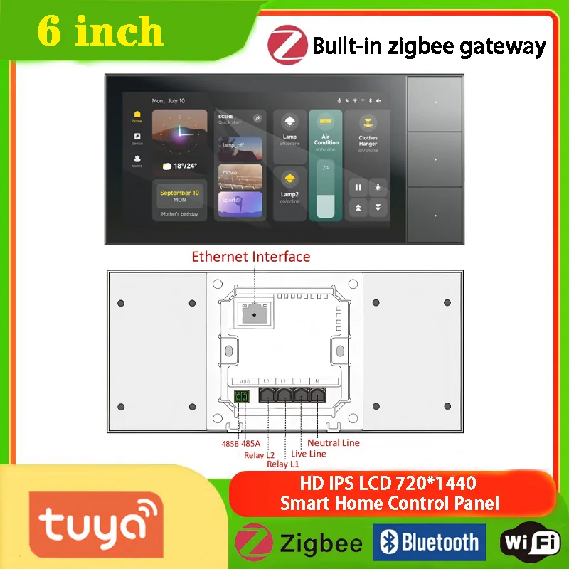 2024 Android Tuya Zigbee Wifi 6 "HD LCD Touch Wandschakelaar Multifunctionele Smart Home Gateway Met Lichtregeling Touch panel