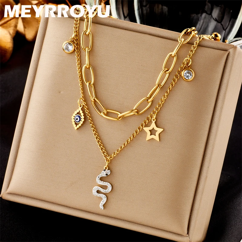 MEYRROYU 316L Stainless Steel Punk Eye Star Snake Pendant Necklace Layered Chain Collar Necklace бежутерия женская колье Gift