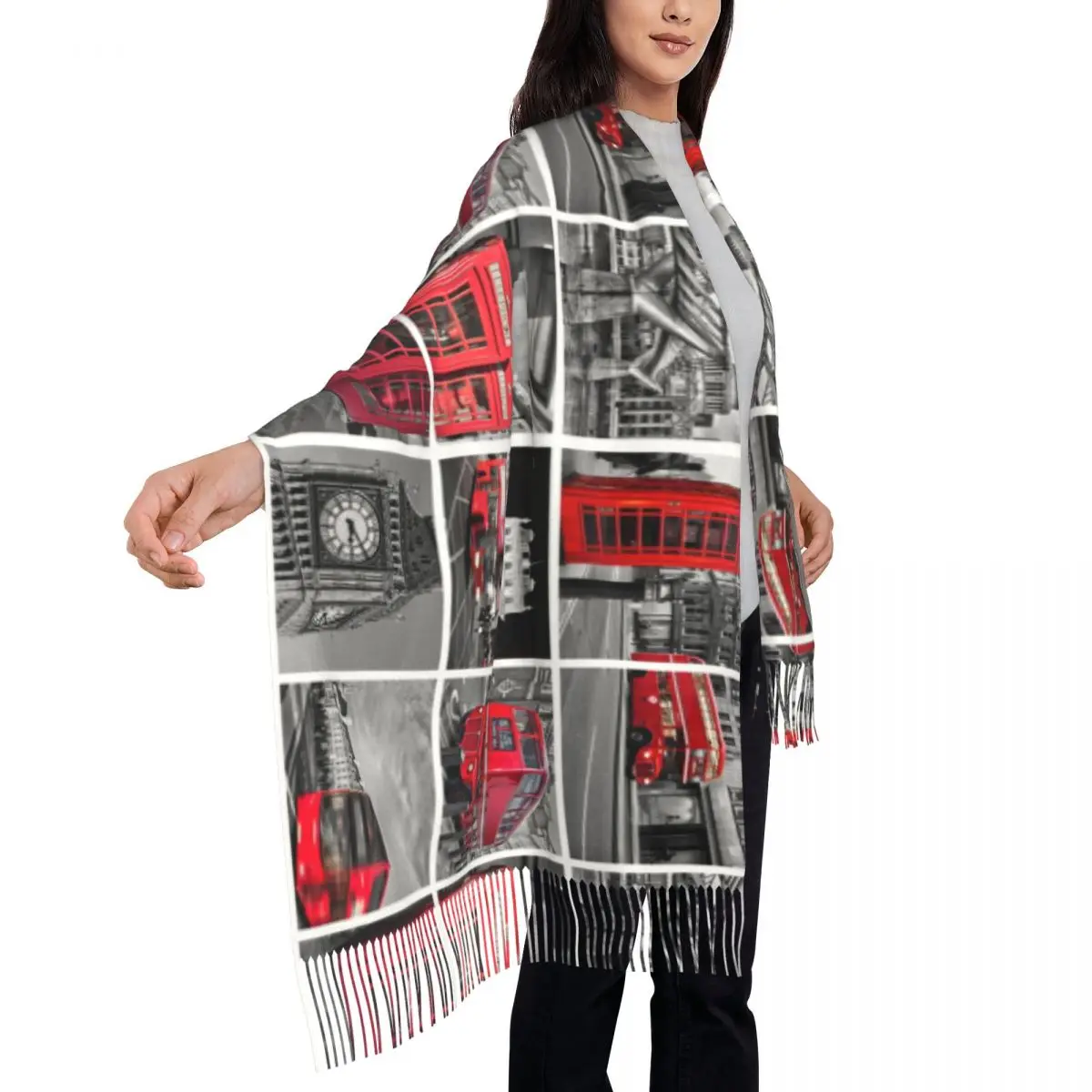 وشاح نسائي مع شرابة، شال بريطاني طويل للشتاء والخريف، لف حافلة لندن، طباعة حمراء، هدايا كلاسيكية في المملكة المتحدة، وشاح من الكشمير #4