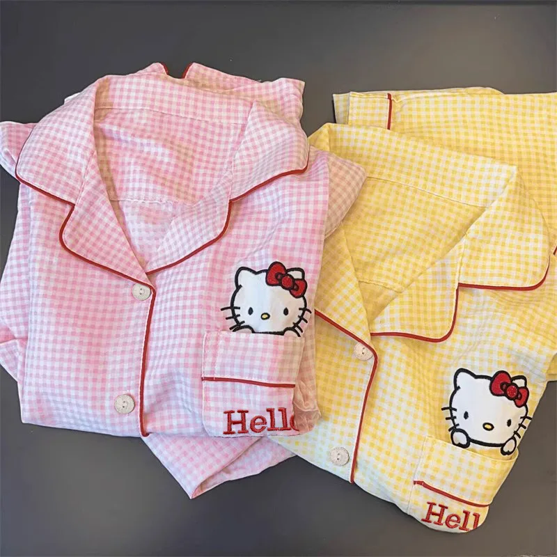 Primavera y otoño, pijamas estampados de Hello Kitty de dibujos animados de niña a cuadros amarillos, pantalones de manga larga cómodos y a la moda