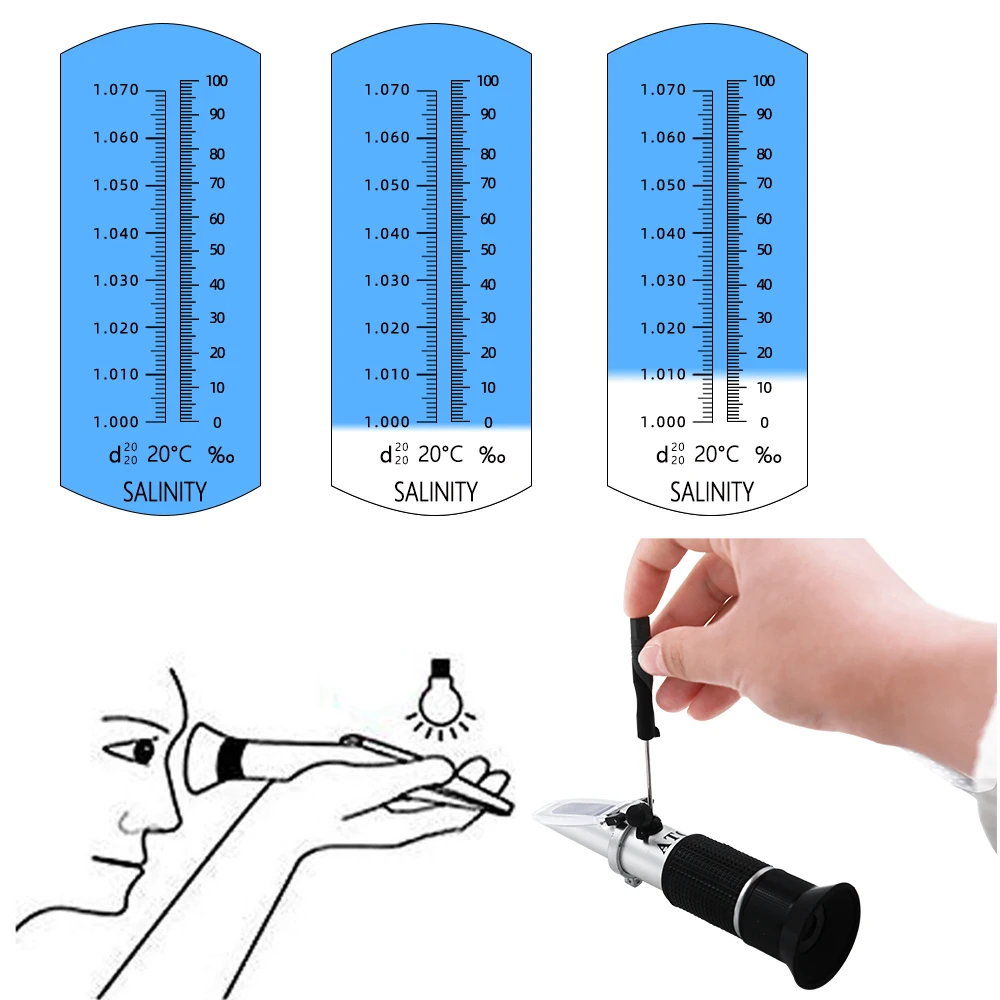 Refractómetro de salinidad 0-10%, refractómetro portátil ATC 1.000-1.070SG, salómetro óptico, probador de sal para acuicultura de agua de mar