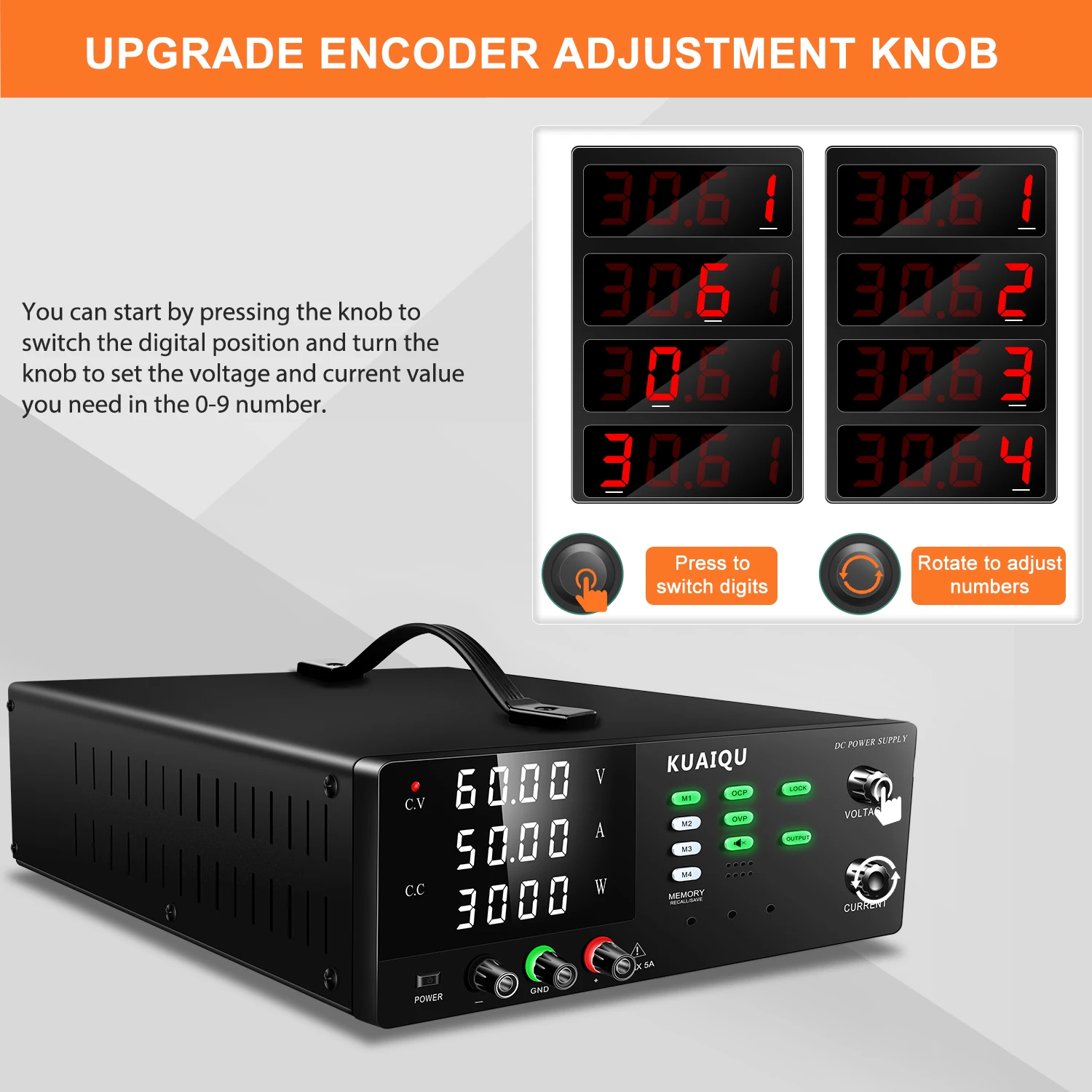 KUAIQU High Power 1200W-3000W Bench Power Supply Adjustable 60V 50A,300V 200V OCP OVP Function,For Electroplating/Electrolysis