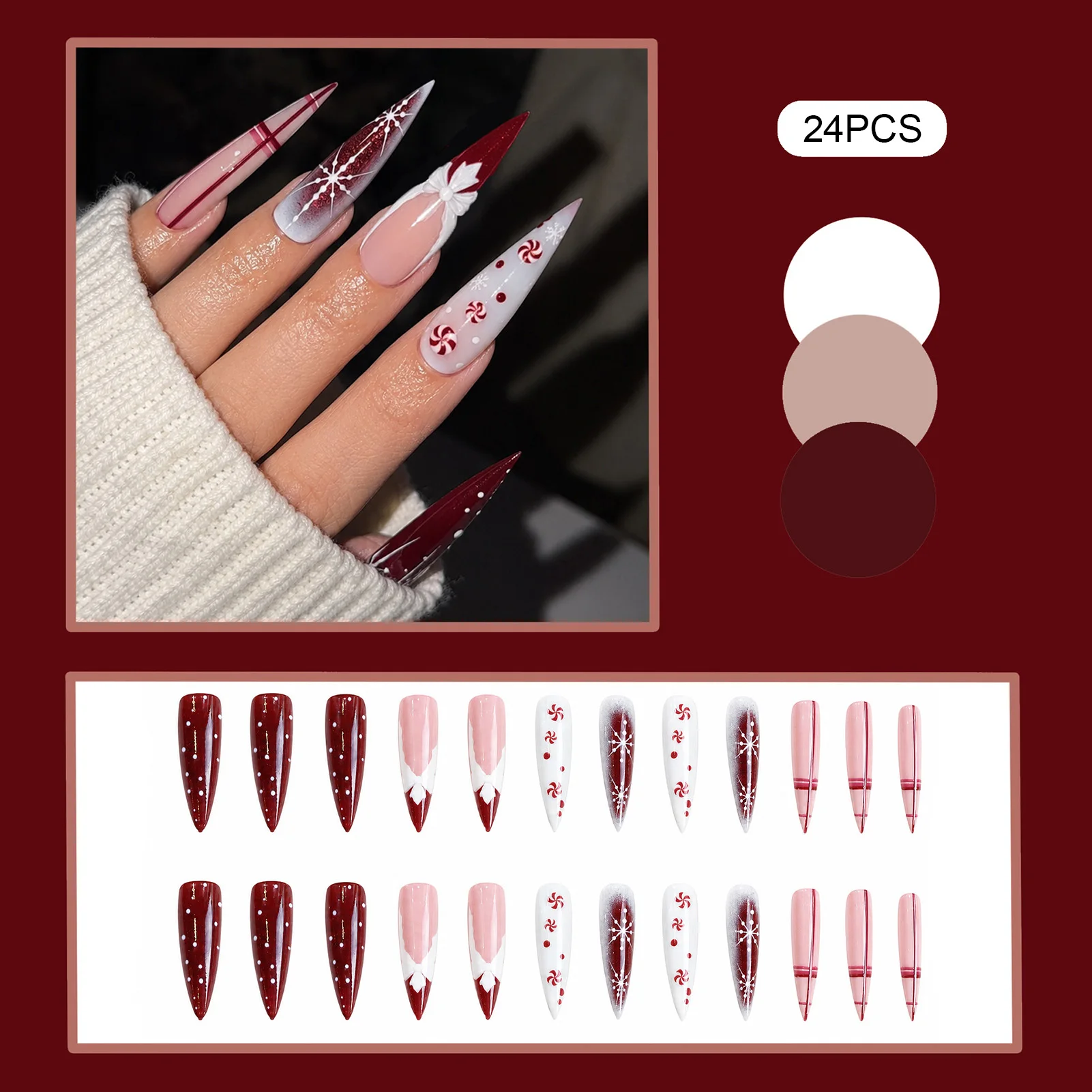 Press On Nails Resin Christmas Snowflake Bow French Plaid Long Pointed False Nail Tips for Holiday Party Salon Wear