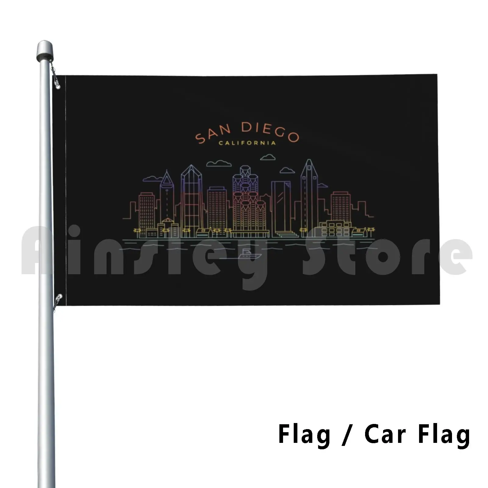 San Diego City Skyline Travel Flag Car Flag Funny San Diego City Art San Diego Skyline Travel San Diego