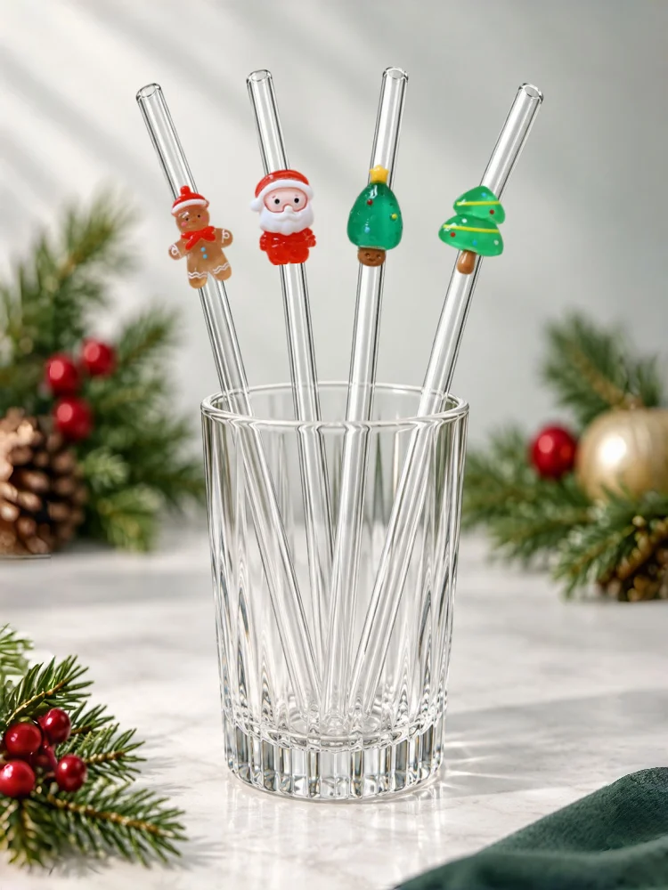 4PCS Christmas Decor Glass Straws 6Pcs Santa Christmas Tree Gingerbread Clear Borosilicate Drinking Straw for Christmas Party