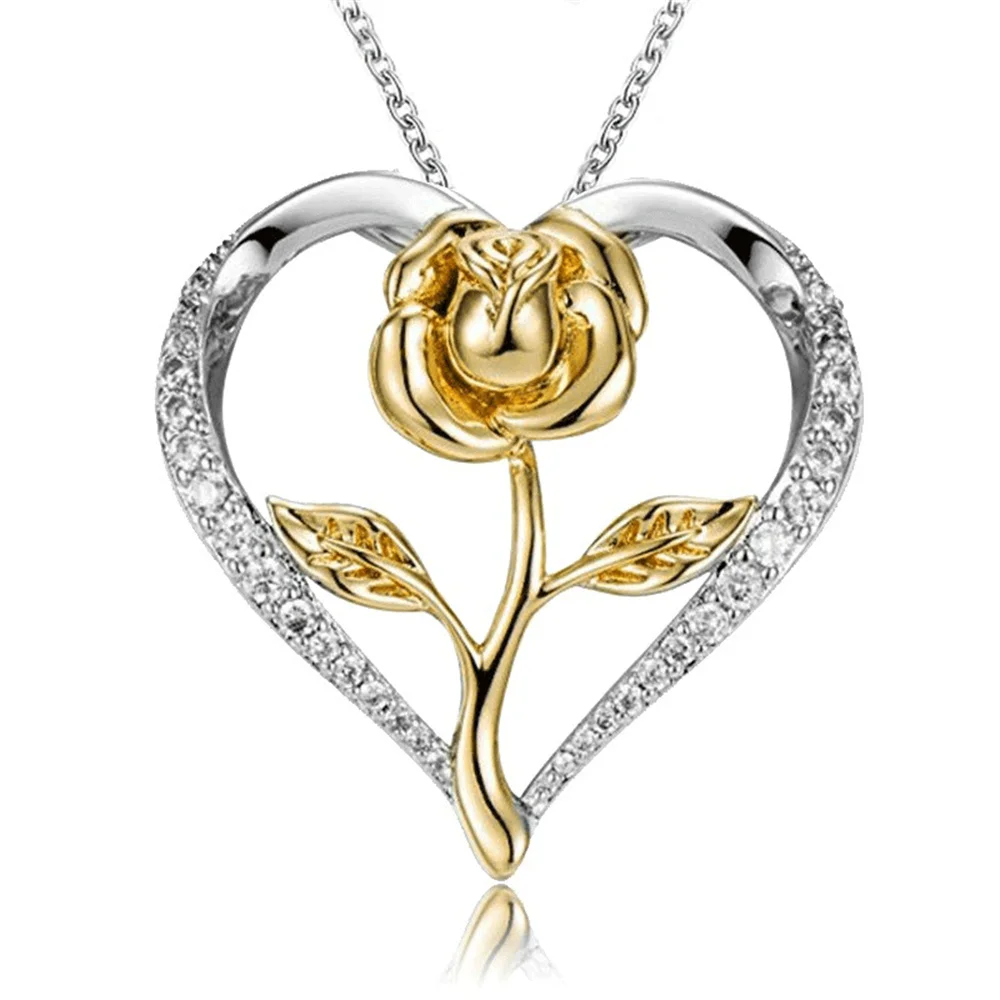 Popular Heart Rose Pendant Necklace for Women Adjustable Rhinestone Shiny Lovely Geometric Choker Necklace Jewelry Accessories