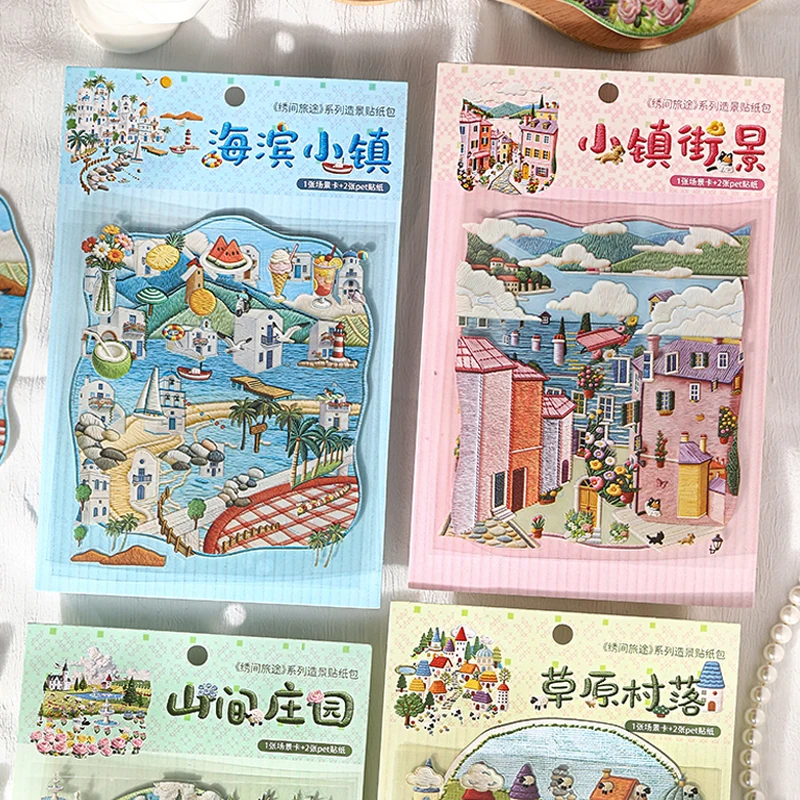 Mr. Paper 3Pcs/Pack Landscape Sticker Pack Embroidery Style Town Scenery Stickers for Journal Scrapbooking DIY Decoration