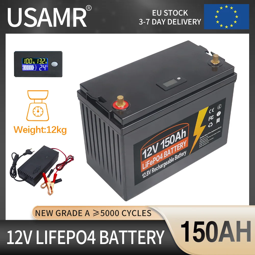 12V LiFePO4 Battery 600Ah 500Ah 300Ah 200Ah 100Ah Built-in BMS Lithium Iron Phosphate Cell For Golf Cart Solar Storage + Charger