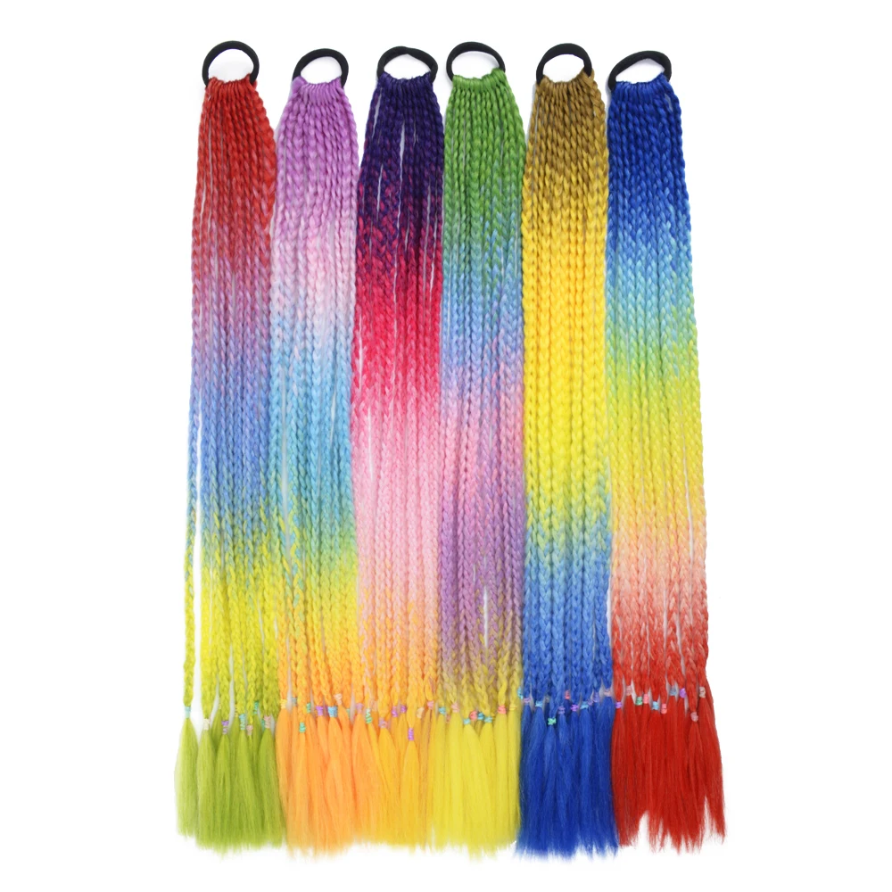 Colored Gradient Box Braided Ponytail For Girls With Elastic Hair Band Rubber Band Hair Accessories Wig Headband Hairpiece