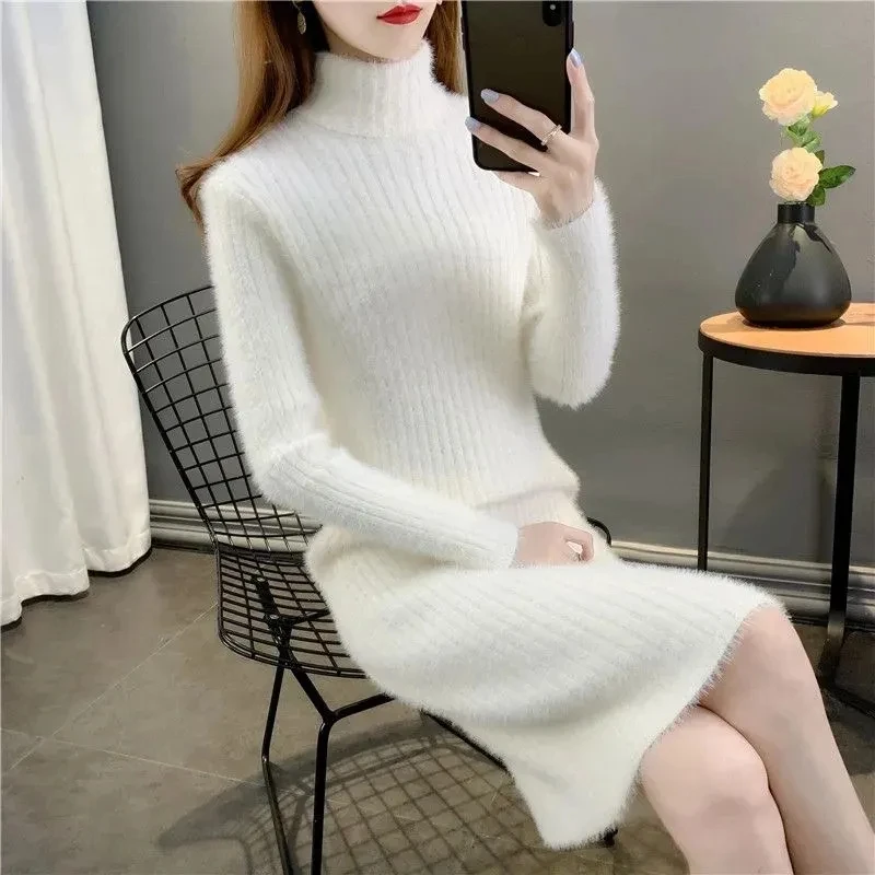 Sweater Dress Women\'s Outside Wear Fashion Slim Long Turtleneck Knitted Sweater Autumn Winter Warm Mink Velvet Knitte Base Dress