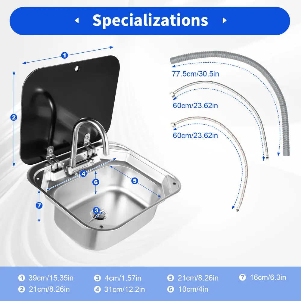 Compact Stainless Steel Hand Wash Basin Sink for RV & Boat, with Lid & Faucet