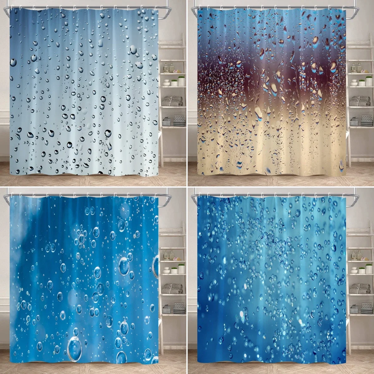 Raindrops Bubble Shower Curtain Water Drop Blue Color Background Bathroom Decor Modern Creative Waterproof Fabric Curtains Set