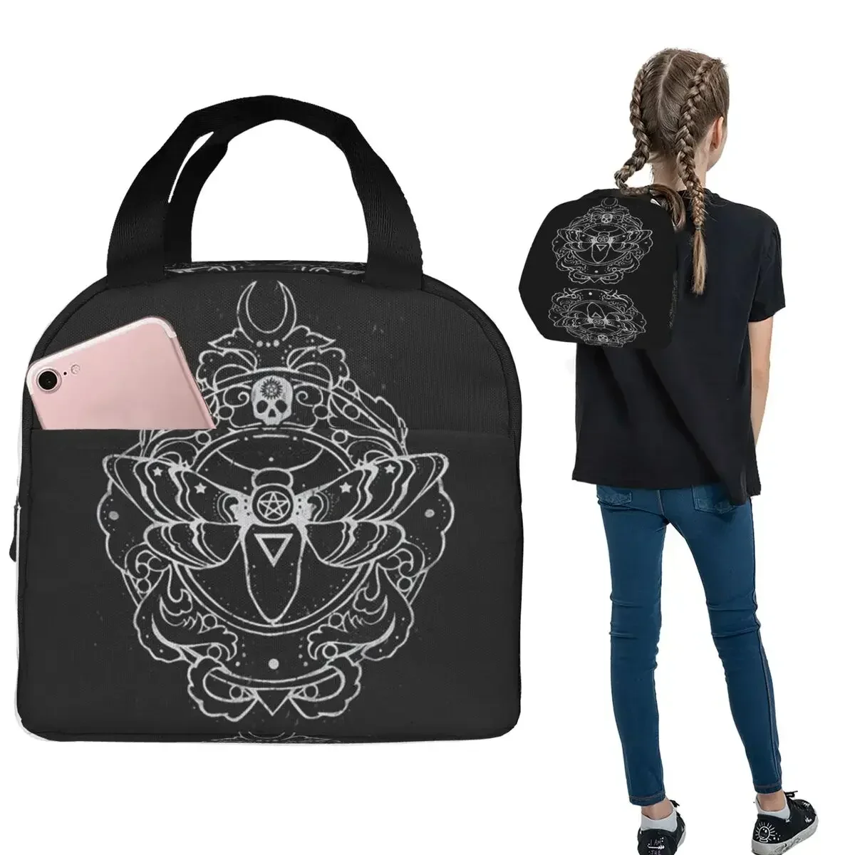 Gothic Death Moth Occult Witchcraft Insulated Lunch Bag for Women Kids Leakproof Food Boxes Thermal Lunch Box Tote