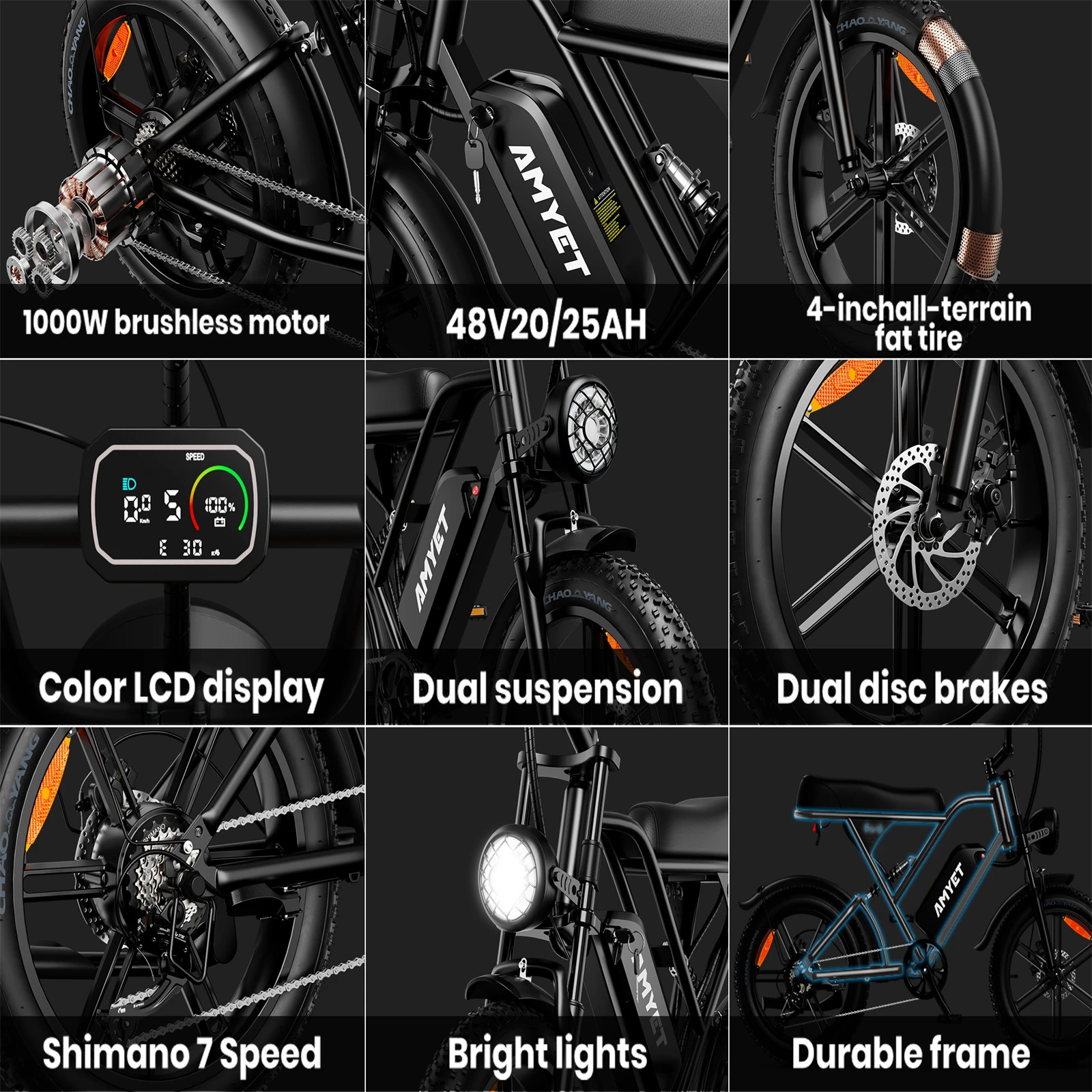 Amyet V9-G60 adultos bicicleta elétrica 1000w motor bicicleta 48v 20ah 20 Polegada pneu ebike elétrica e bicicletas mountain ciclomotor ebikes para homem