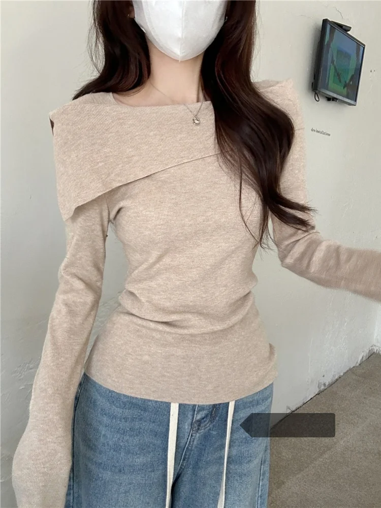 

Slim Fit Long Sve Knitted Sweater Women's Color Versatile Faionable oulder Baring Top Korean Sle plus Size