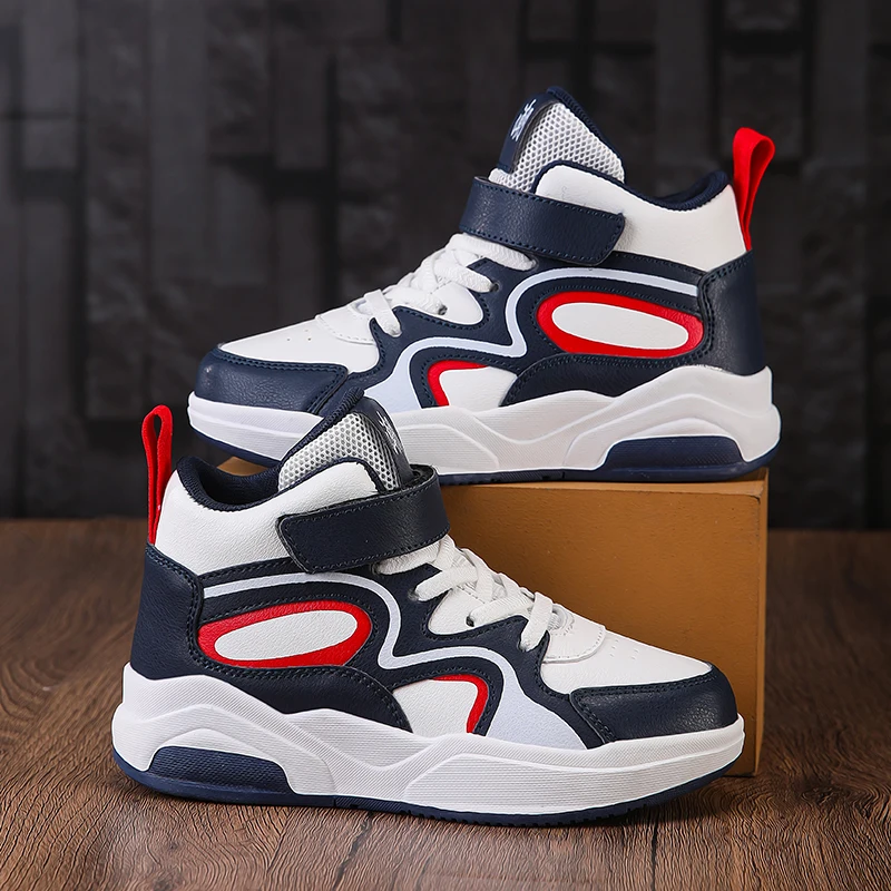 Picture 5: Boys Girls High‑top Casual Sneakers Trendy Children Skateboarding Shoes PU Leather Magic Tape Comfortable Non‑Slip Kid Sport Sho