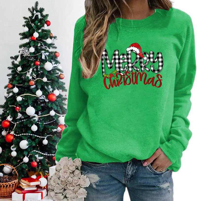 Merry Christmas Print Sweatshirts For Women Crew Neck Pullovers Graphic Christmas Gifts Casual Xmas Sweatshirts