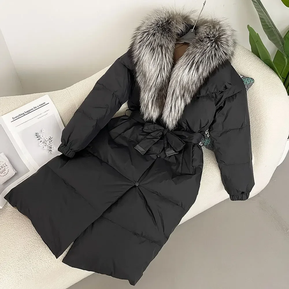 Luxurious 2024 Winter Jacket Women Natural Real Fox Raccoon Fur Collar 90% White Duck Down Coat Thick Warm Belt Casual Outerwear