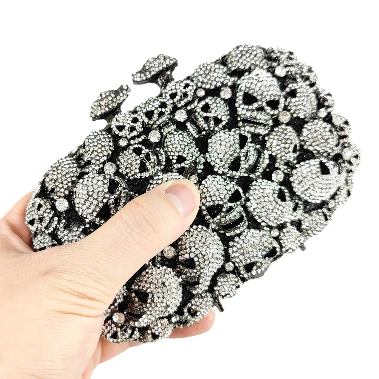 Boutique De FGG Super Mini Women Skull Evening Bags Party Dinner Crystal Clutch Minaudiere Purse and Handbags Black Silver