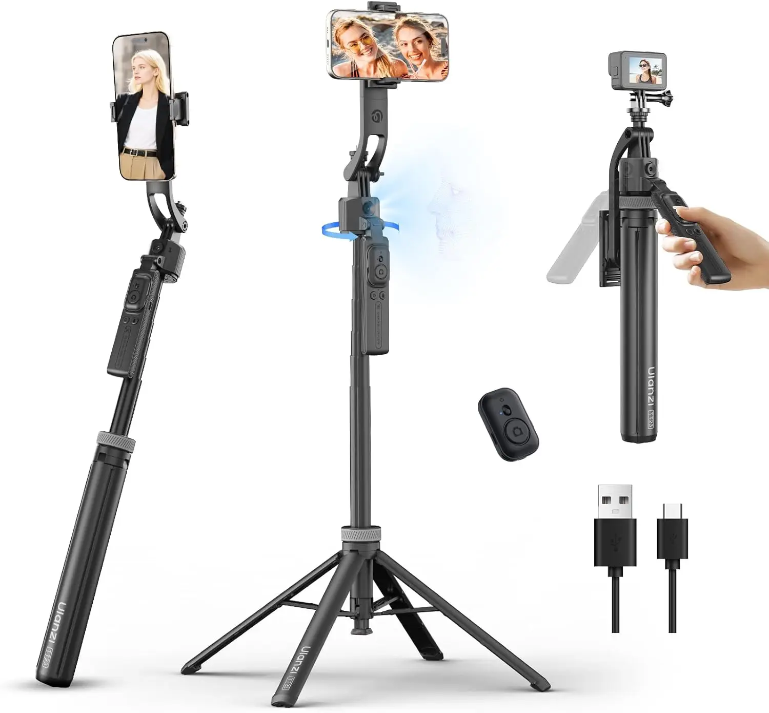 

TT23 64" Auto Face Tracking Tripod for iPhone/Android with Remote, 360°Rotating Selfie Stick That Follows Your Movement