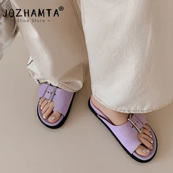 JOZHAMTA Size 34-40 Women Slides Sandals Real Leather Flip Flops Platform Flats Shoes Summer Beach Casual Home Outdoor Slippers