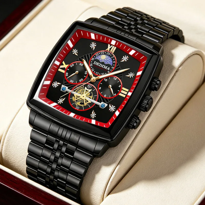 Men's Quartz Watch Luxury Square Male Business Wristwatch Luminous Waterproof Flywheel Moon Phase Stylish High End Wrist Watches