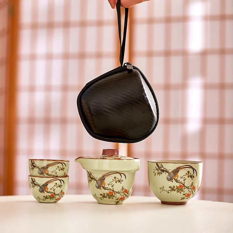 

Ru Kiln Bamboo Knot Travel Outdoor Portable Storage Set One Pot Three Cups Quick Tea Cup Ceramic Teapot Teacups