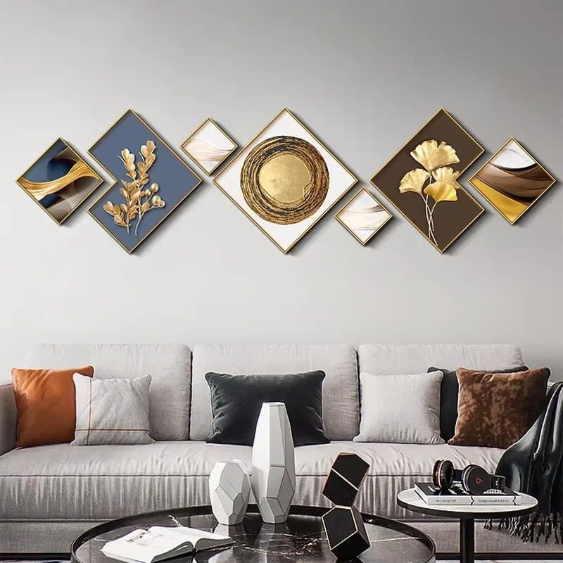 Arte de Parede em Vidro Estilo Escandinavo para Sala de Estar, Pintura em Porcelana Cristal, 7 Painéis, Pintura Abstrata Minimalista para Decoração de