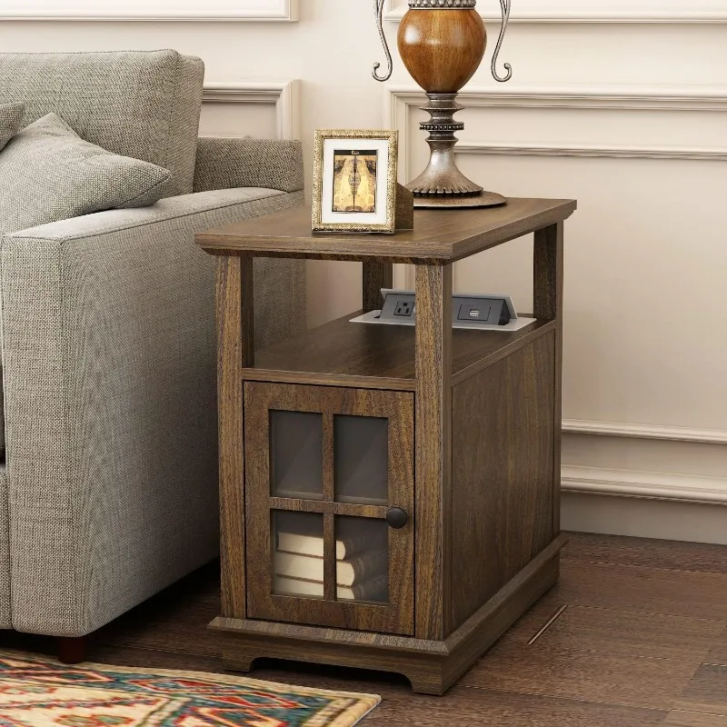 End Table with Charging Station, Side Table with Semi-Open Storage, Bedside Table with 2 Power outlets & 2 USB Ports