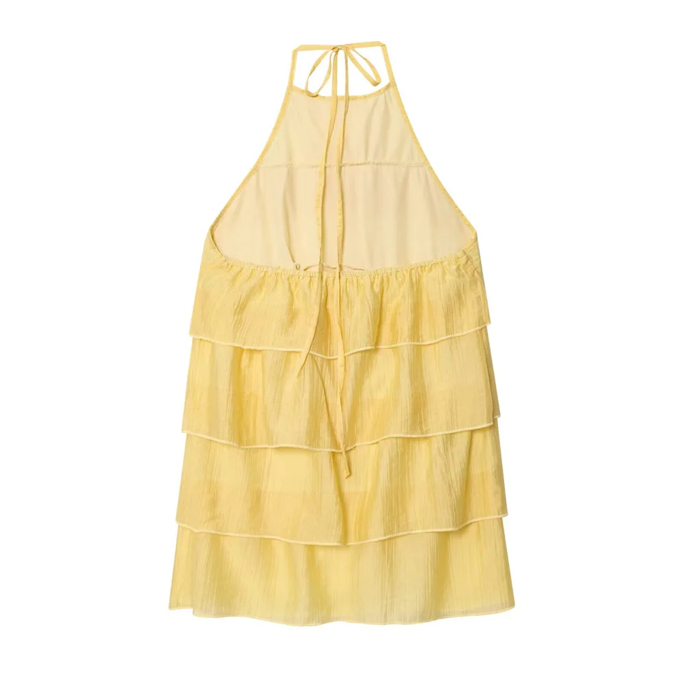 Novo vestido feminino com decoração doce e em camadas, costas nuas, gola pendurada, vestido curto