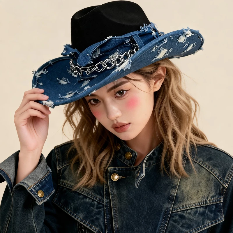 Vintage Western Cowboyhut für Damen und Herren, gewaschener Denim-Cowgirl-Jazzhut, geeignet für den täglichen Freizeitgebrauch, Western-Party, Bar, Cowboykappe – Detail 4