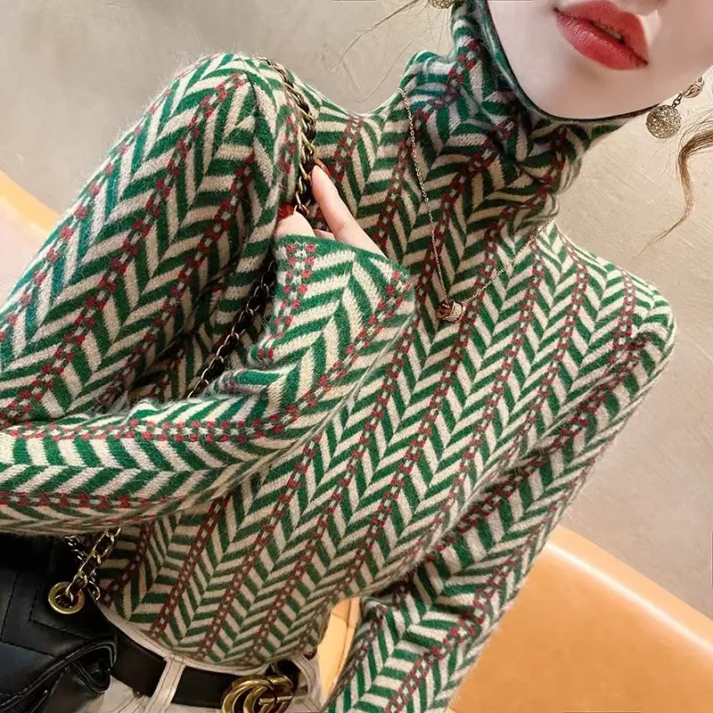 

autumn winter new fashion Christmas Green Turtleneck Knit Pullovers Women Clothing casual All-match Slim Long Sleeve Sweaters