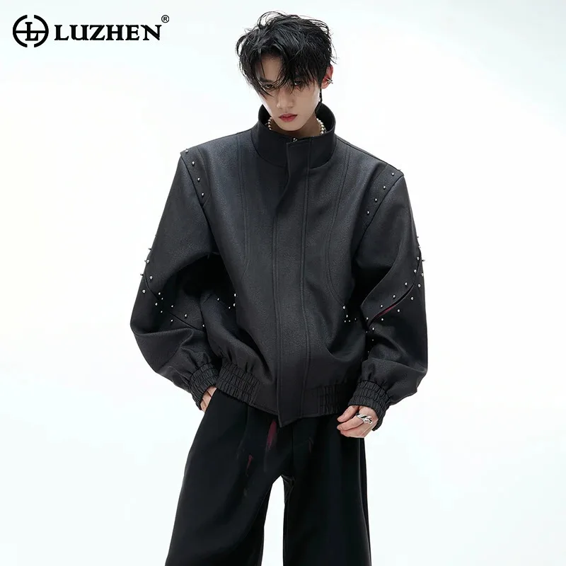 

LUZHEN оригинальная заклепка с металлическим декором, текстурированный дизайн сращивания, свободная повседневная куртка с воротником-стойкой, осень 2021, красивое пальто JY3883