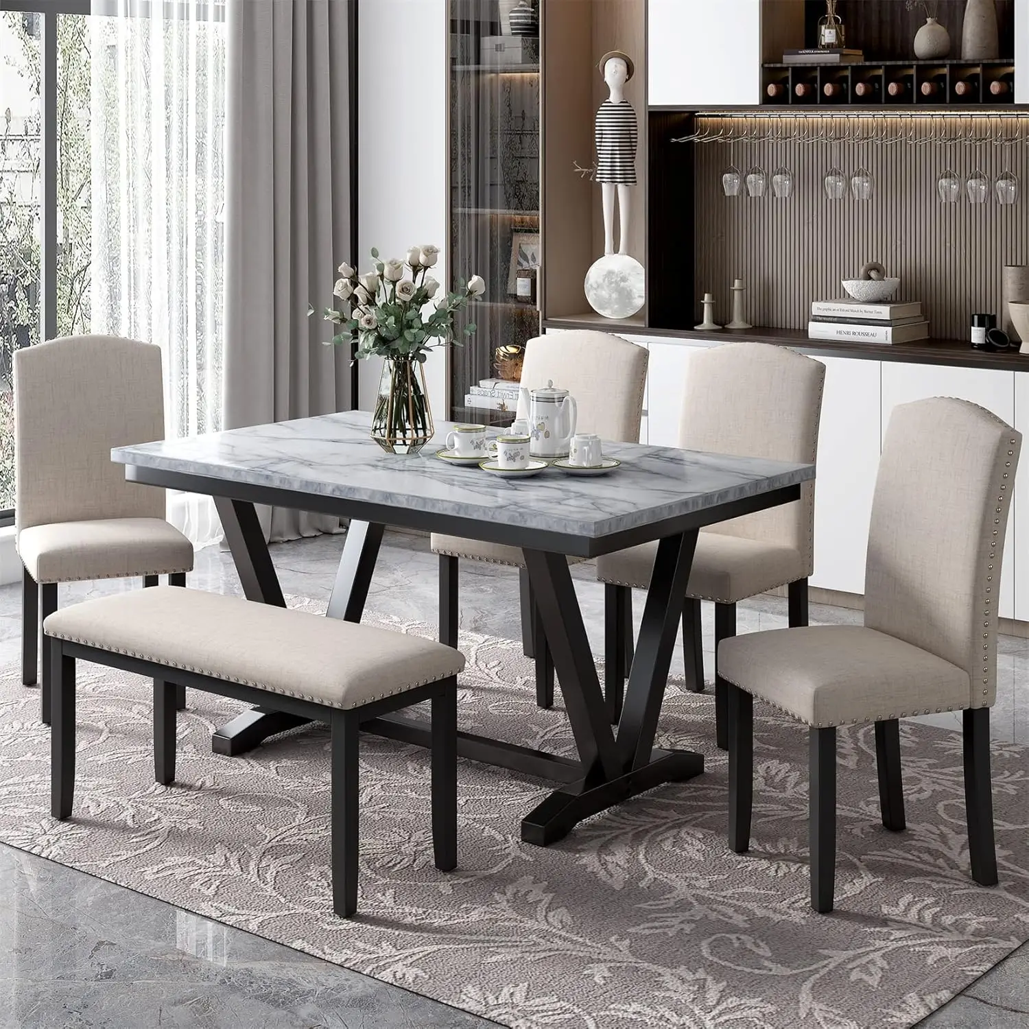 6 Piece Dining Table Set Wood Dinette Table and a Bench with Cushion, Marbled Veneers Tabletop Urban Style Kitchen Table