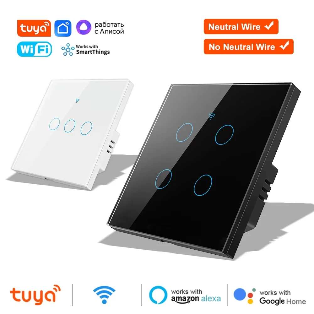 สมาร์ทสวิทช์ EU WiFi Smartlife Neutral Wire/ไม่มี Neutral Wire สวิทช์ไฟสัมผัส 220V ทํางานร่วมกับ Alexa Google Home 1/2/3/4 GANG