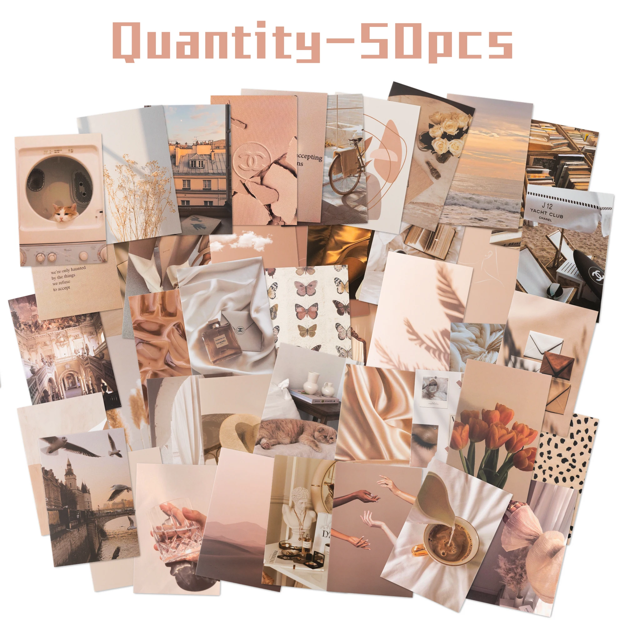 50pcs Boho Collage Cards Kit Beige Neutral Tones, Non-Adhesive Paper Cutouts for Wall Decor, Scrapbooking Rustic Home Accent