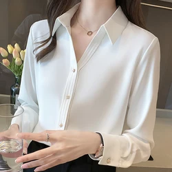 Blusa blanca De manga larga para Mujer, camisa De Moda con cuello vuelto para oficina, 2024, E197